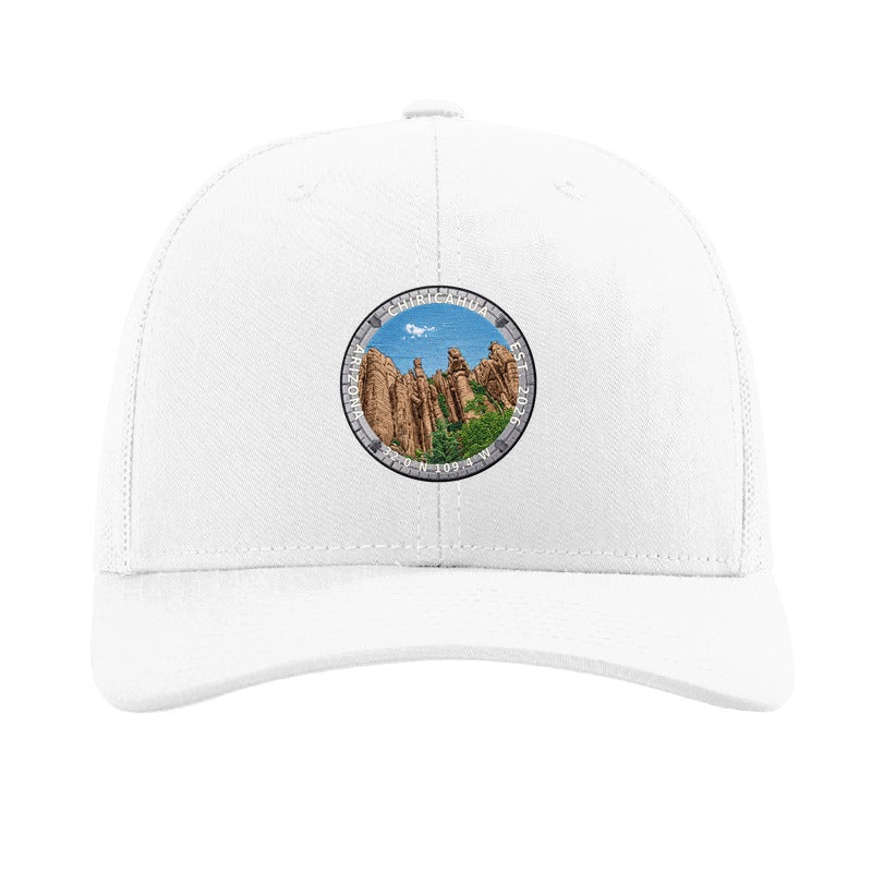 Chiricahua National Park patch hat in White, with a standing rock columns badge on a Richardson 112 trucker cap
