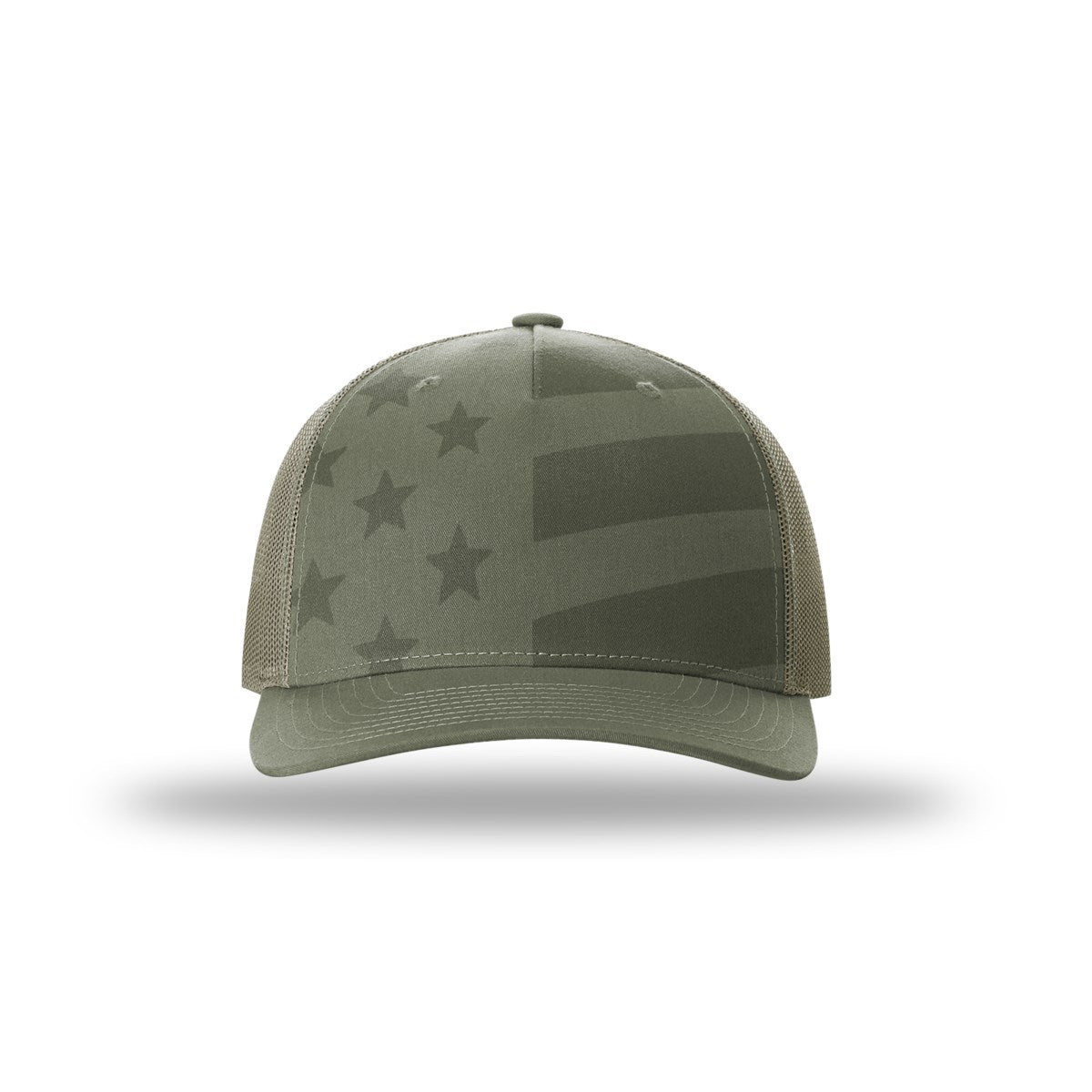Richardson 112PFP printed five panel trucker hat, loden with tonal stars and stripes, front view