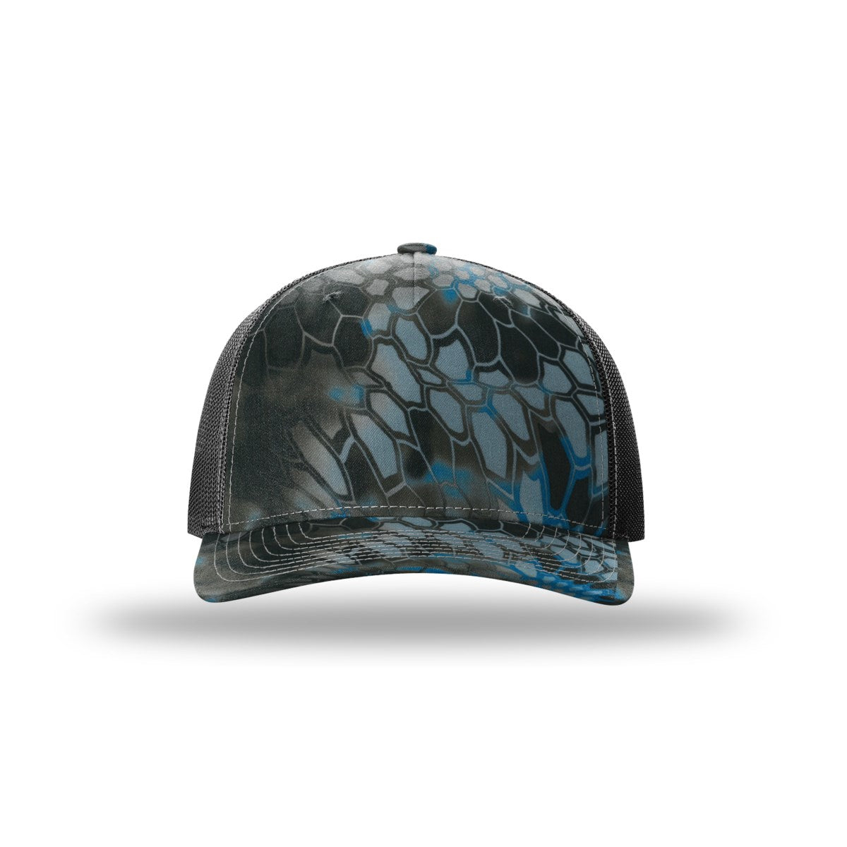 Richardson 112PFP printed five panel trucker hat, Kryptek Neptune with black mesh, front view