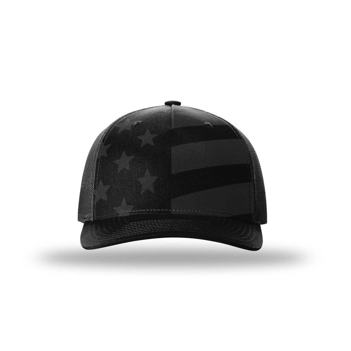 Richardson 112PFP printed five panel trucker hat, black with tonal stars and stripes, front view