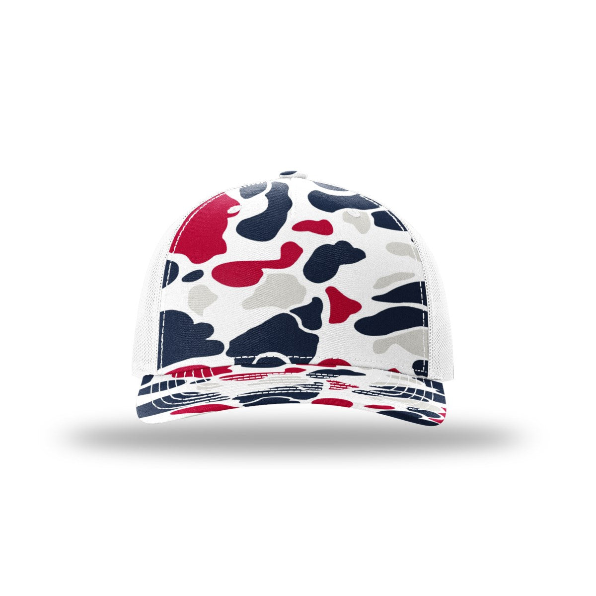 Richardson 112PFP printed five panel trucker hat, Americana duck camo with white mesh, front view