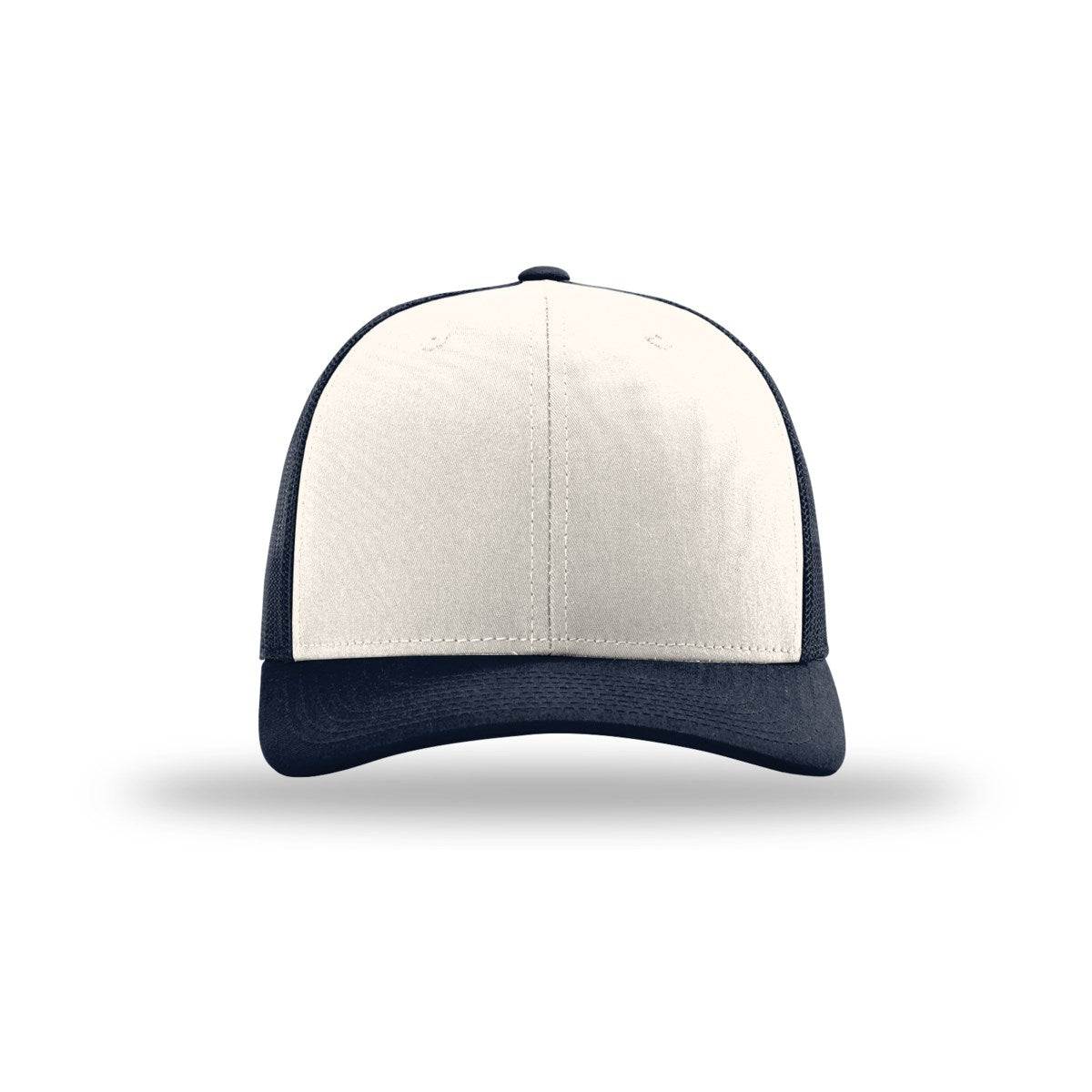 Richardson 112 trucker hat, cream with navy mesh, front view