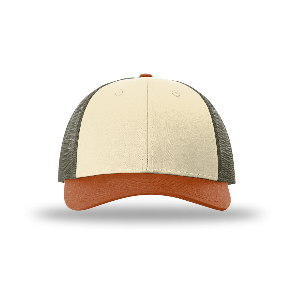 Richardson 115 Low Pro Trucker hat, Cream/Loden Green/Dark Orange, front view