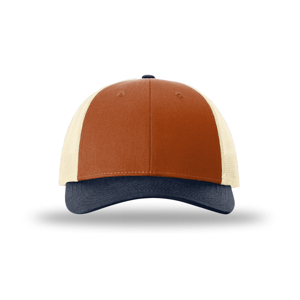 Richardson 115 Low Pro Trucker hat, Dark Orange/Birch/Patriot Blue, front view