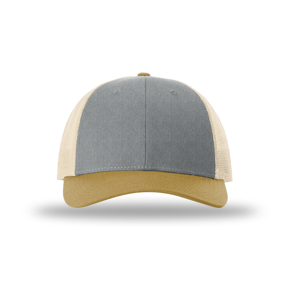 Richardson 115 Low Pro Trucker hat, Heather Grey/Birch/Amber Gold, front view