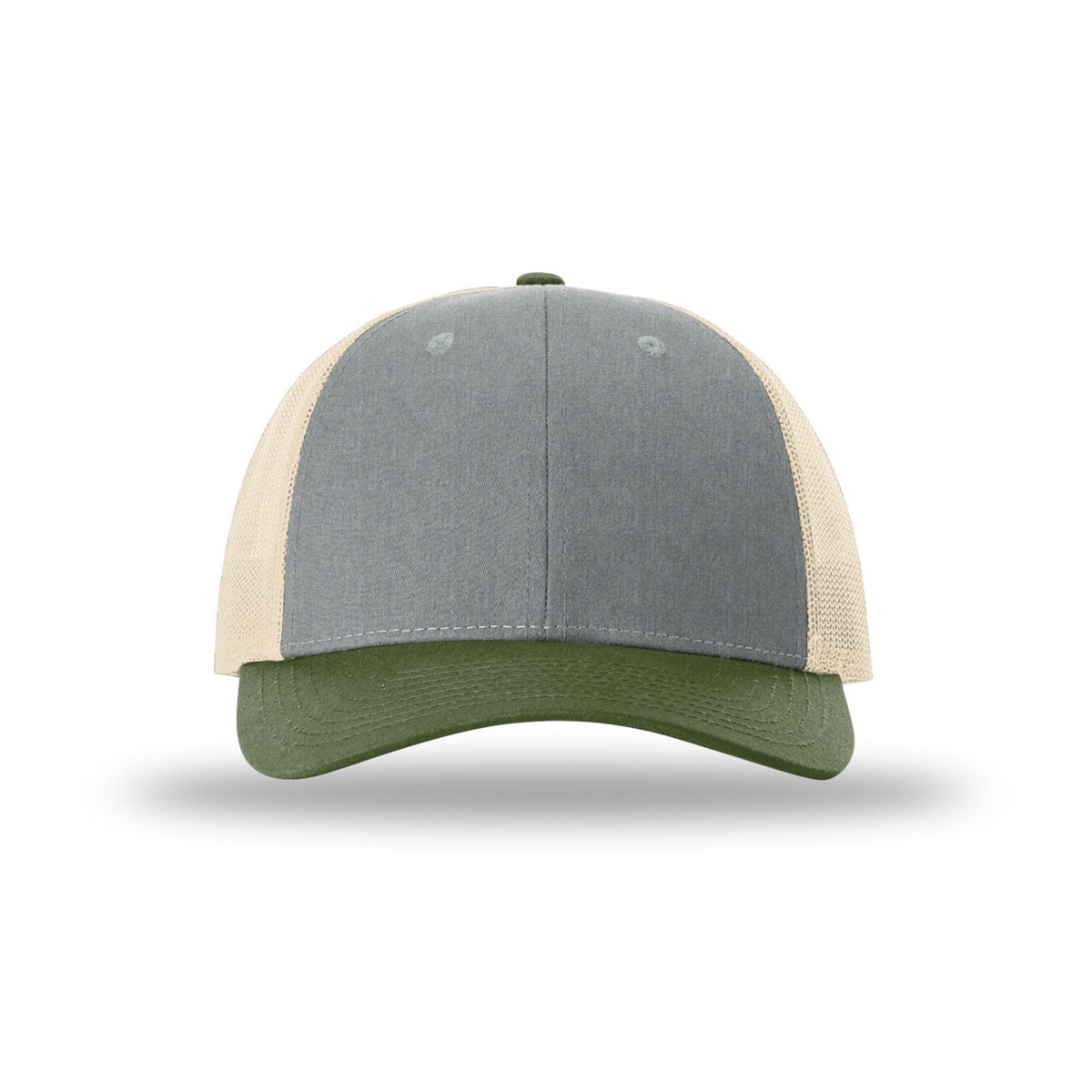 Richardson 115 Low Pro Trucker hat, Heather Grey/Birch/Army Olive, front view