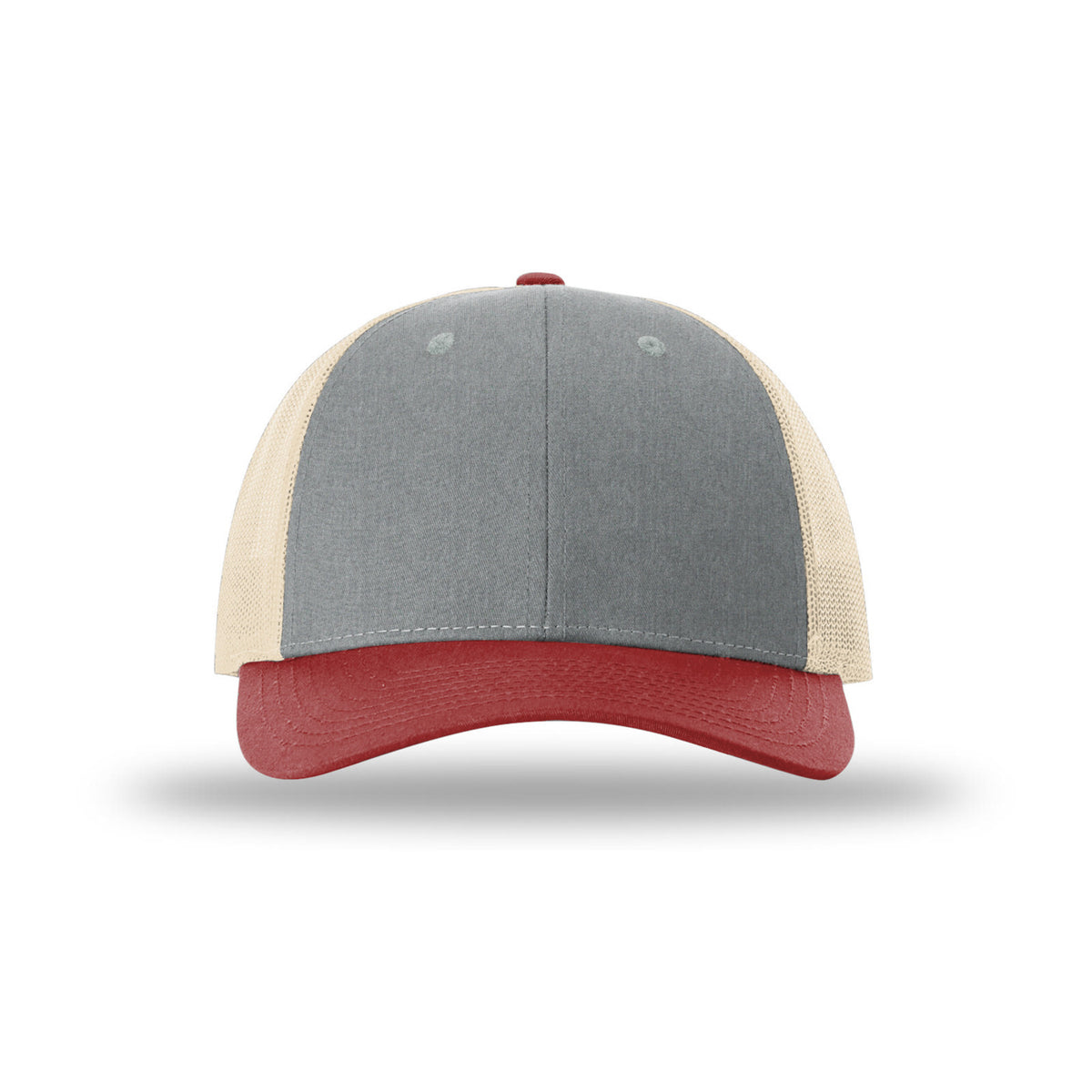 Richardson 115 Low Pro Trucker hat, Heather Grey/Birch/Cardinal, front view