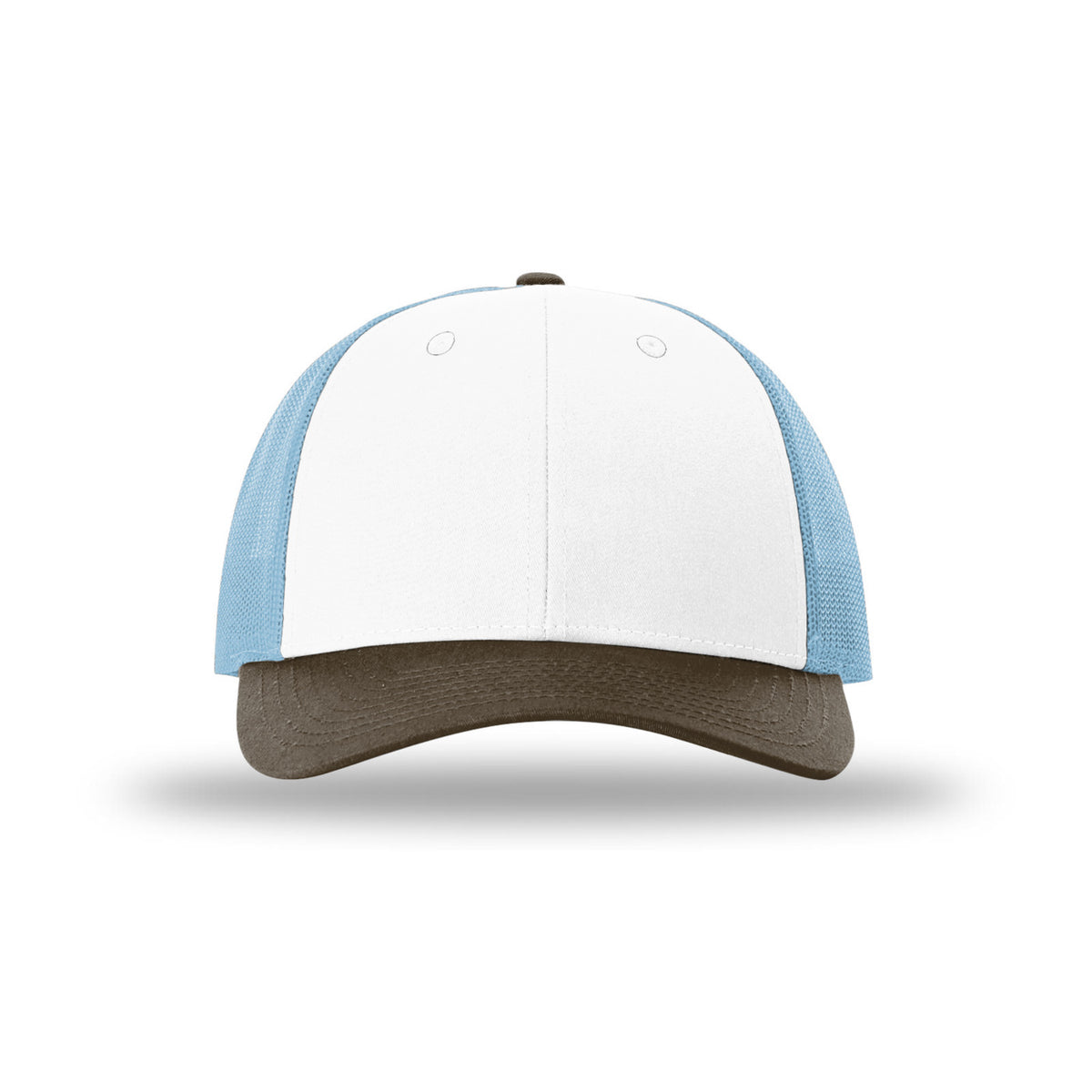 Richardson 115 Low Pro Trucker hat, White/Columbia Blue/Brown, front view