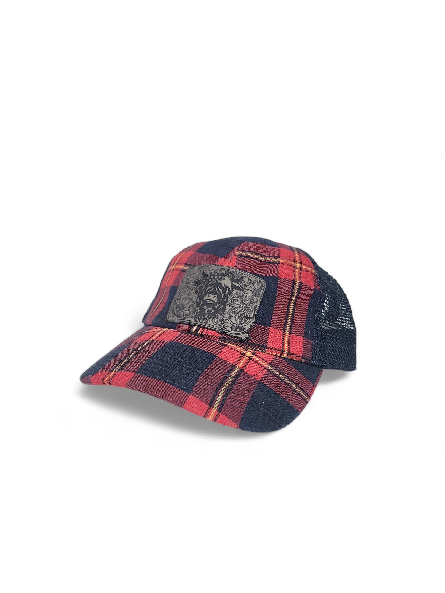 Red and navy tartan trucker hat with an engraved Highland cow leather patch