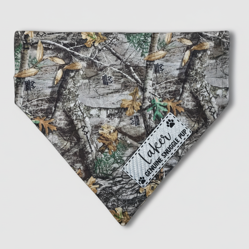Camouflage-patterned bandana with a brand label on a white background