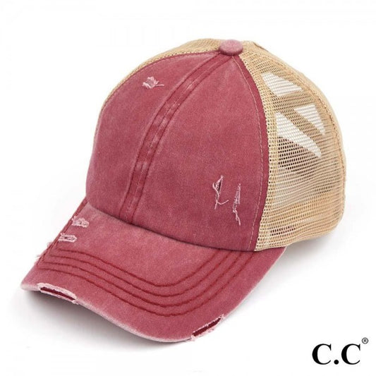 Distressed Criss-Cross Pony Hat with Engraved Leather Patch - C.C.