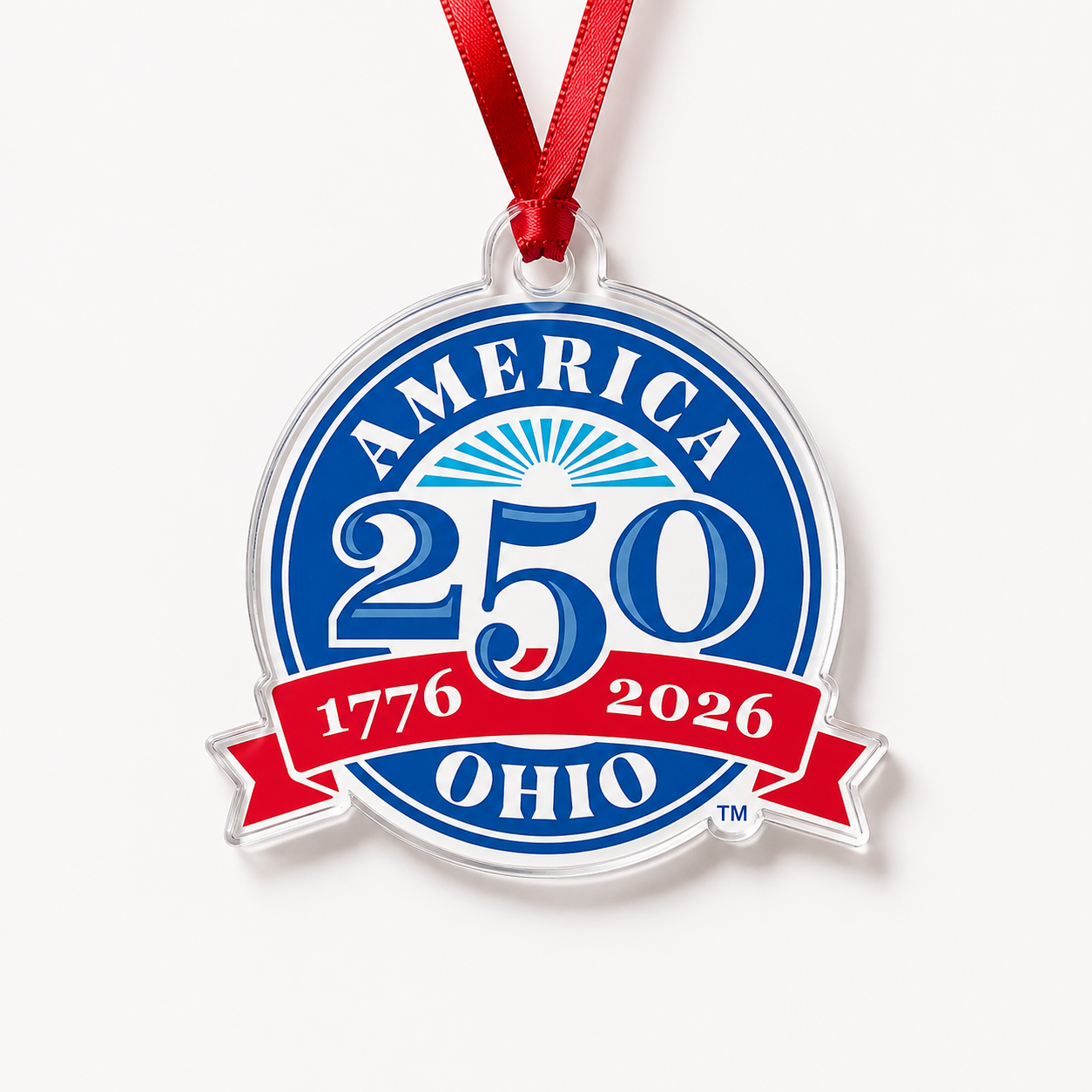 Officially licensed America 250 Ohio clear acrylic Christmas ornament with red ribbon