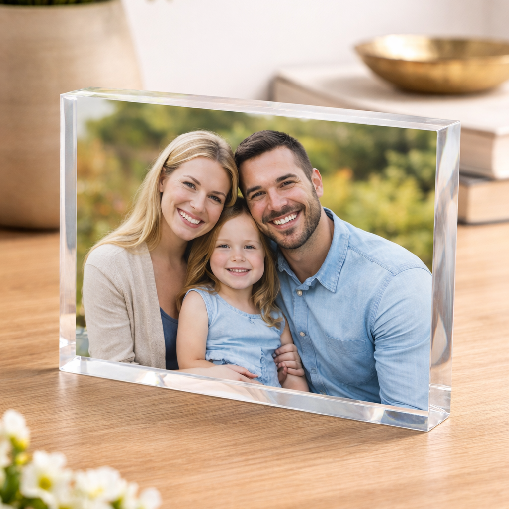 Clear glass photo frame with a family portrait on a wooden surface.