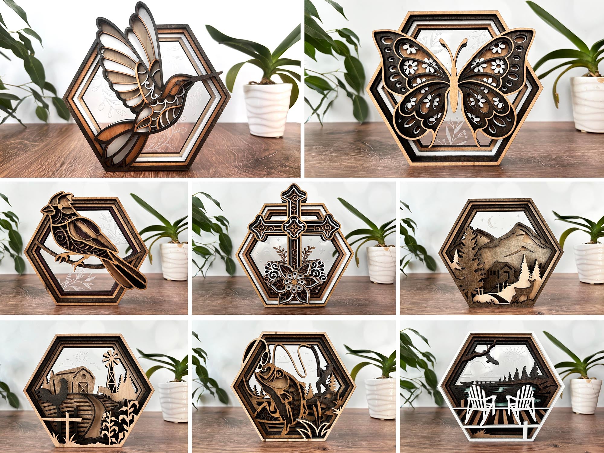 Hexagon Shadow Box - Hummingbird, Butterfly, Cardinal, Cross, Barn, Lake, Fish, Mountain