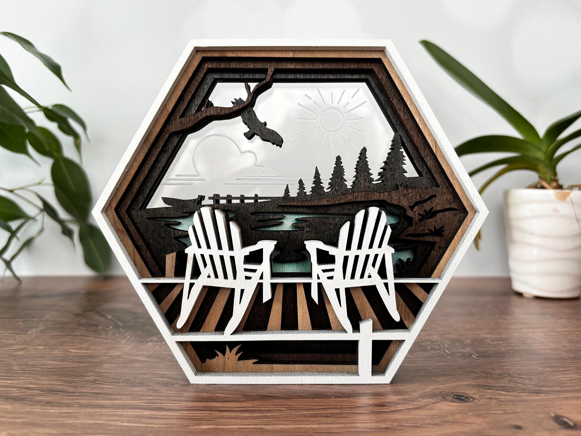 Hexagon Shadow Box - Hummingbird, Butterfly, Cardinal, Cross, Barn, Lake, Fish, Mountain