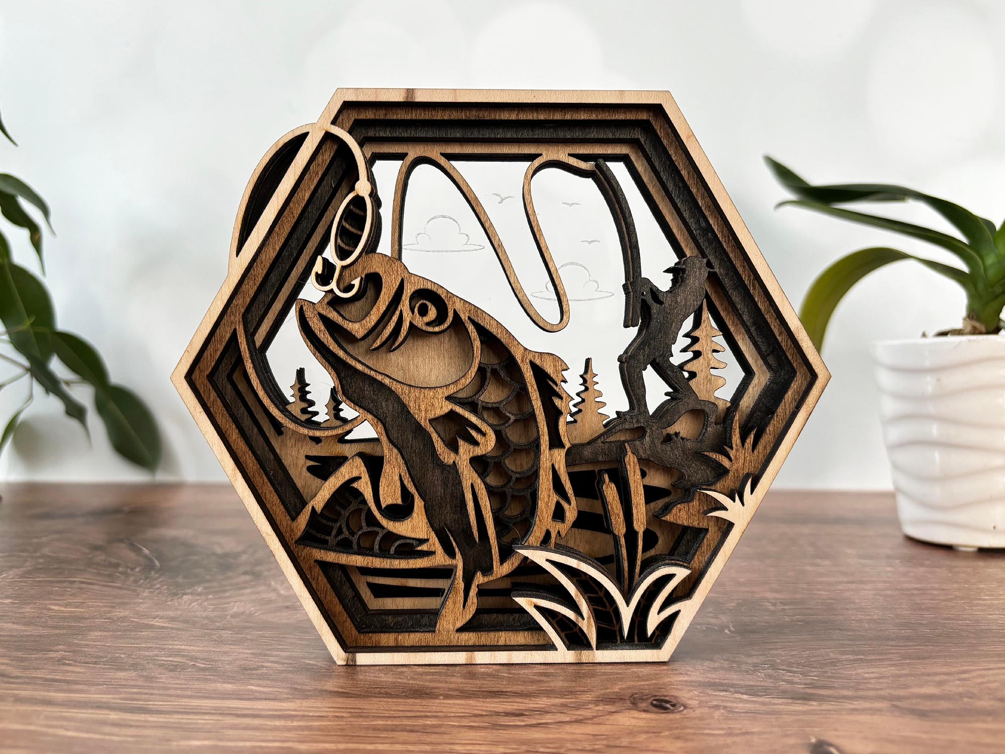 Hexagon Shadow Box - Hummingbird, Butterfly, Cardinal, Cross, Barn, Lake, Fish, Mountain