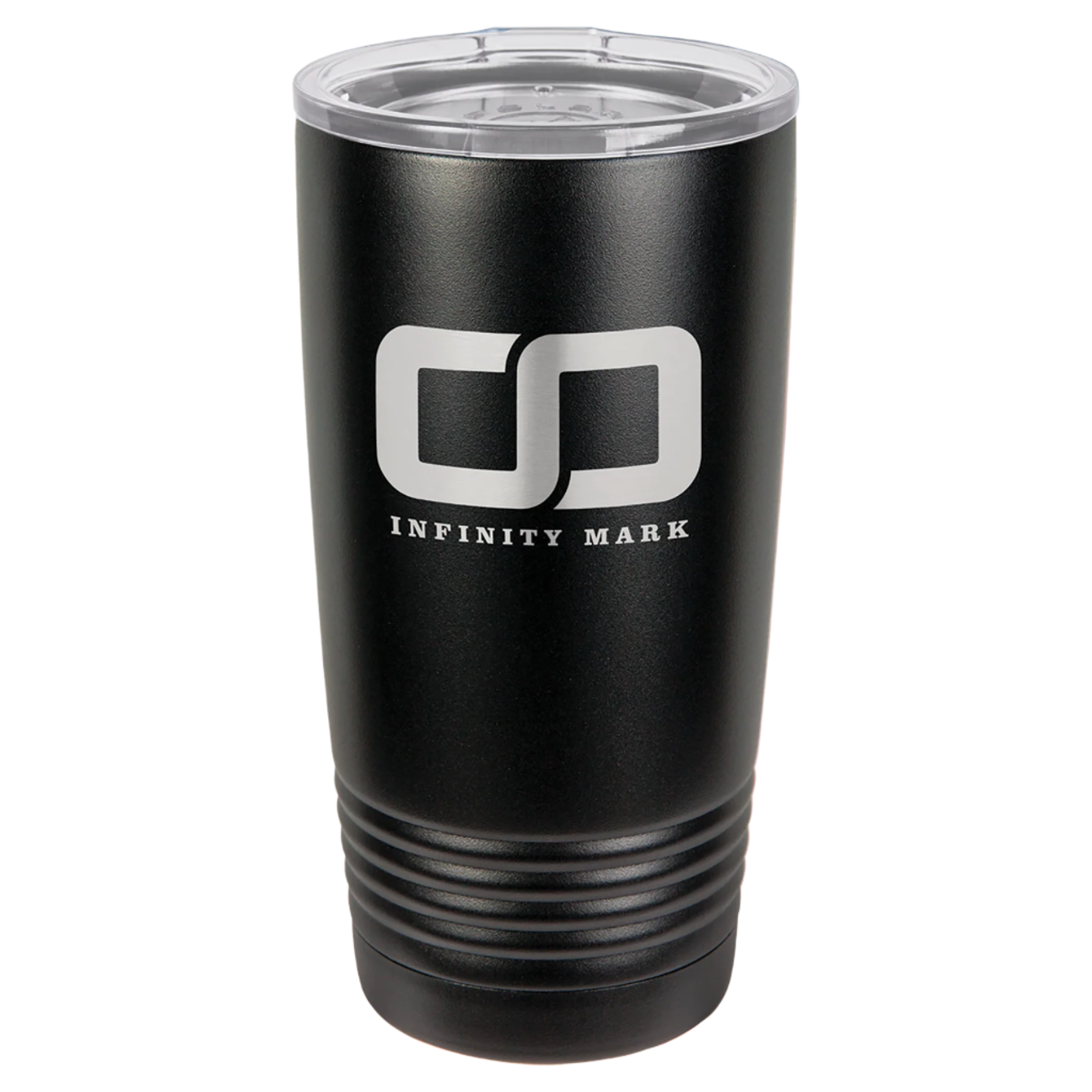 Black tumbler with 'Infinity Mark' logo on a white background