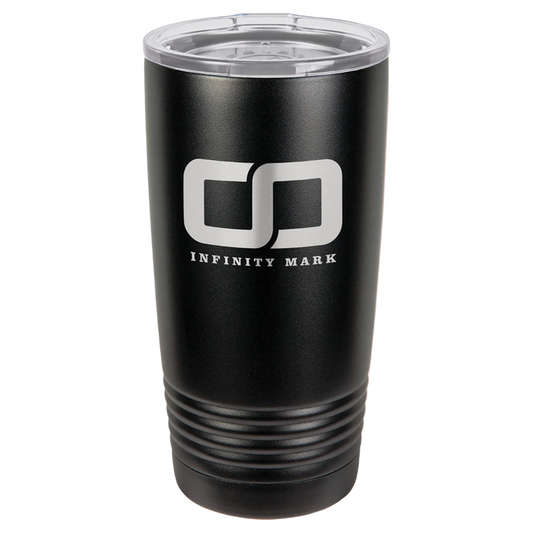 Black tumbler with 'Infinity Mark' logo on a white background