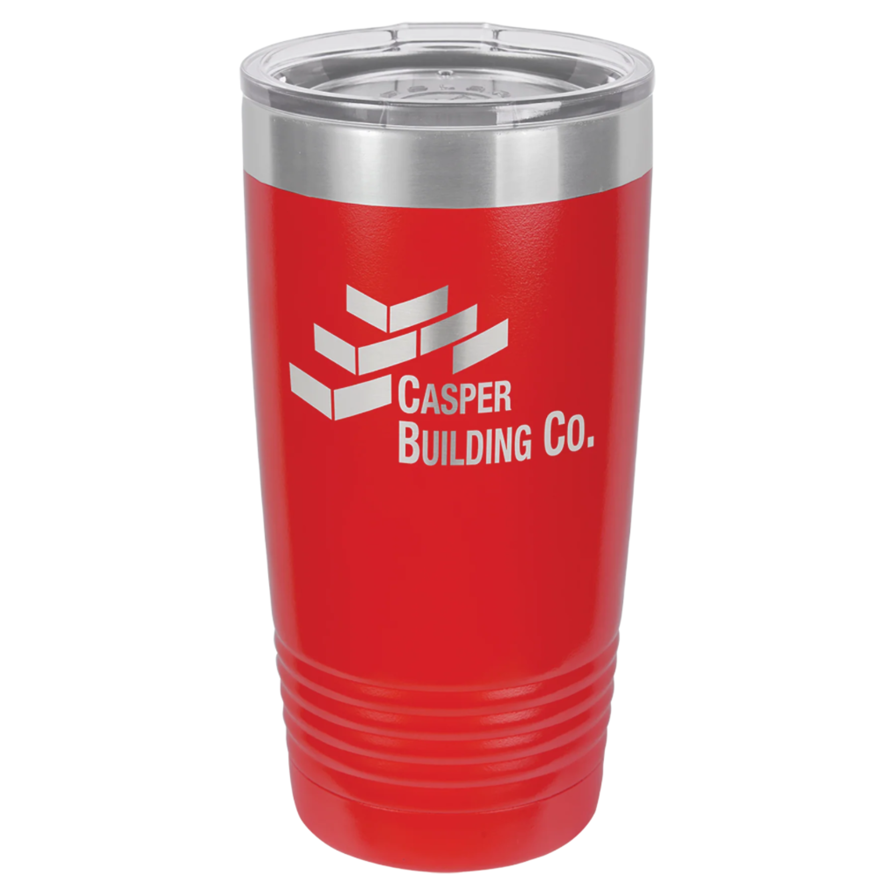 Red insulated tumbler with 'Casper Building Co.' logo on a white background