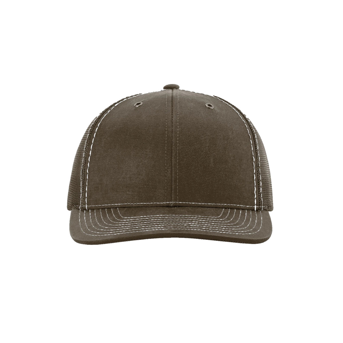 Richardson 112WF Fremont trucker hat in brown, coated twill front with mesh back, front view