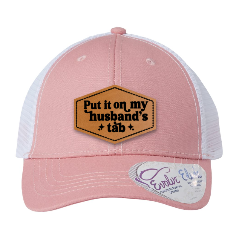 Put It On My Husband’s Tab Hat | Funny Women’s Leopard Print Patch Hat | Leatherette Patch Baseball Cap