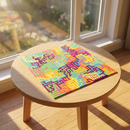 Colorful acrylic fractal puzzle assembled on a round wood table