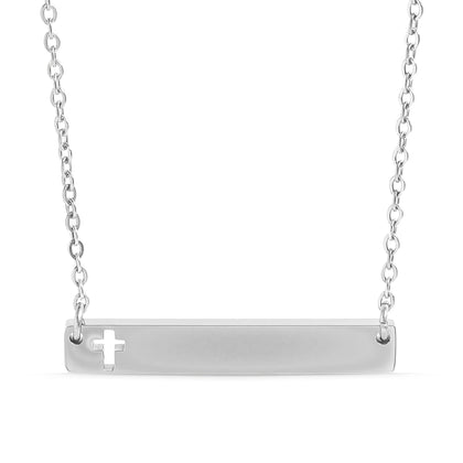 Silver bar necklace with a cut-out cross, ready to personalize