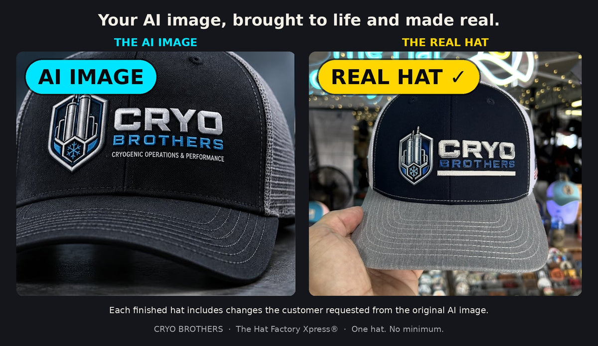 AI-generated CRYO BROTHERS hat image beside the finished real hat