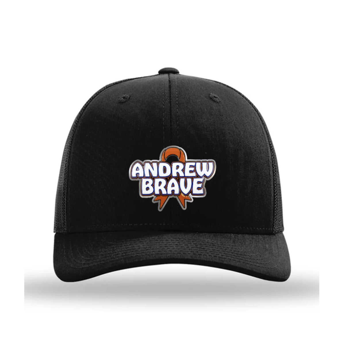 Andrew Brave black Richardson 112 trucker hat, front, ANDREW BRAVE patch with orange ribbon