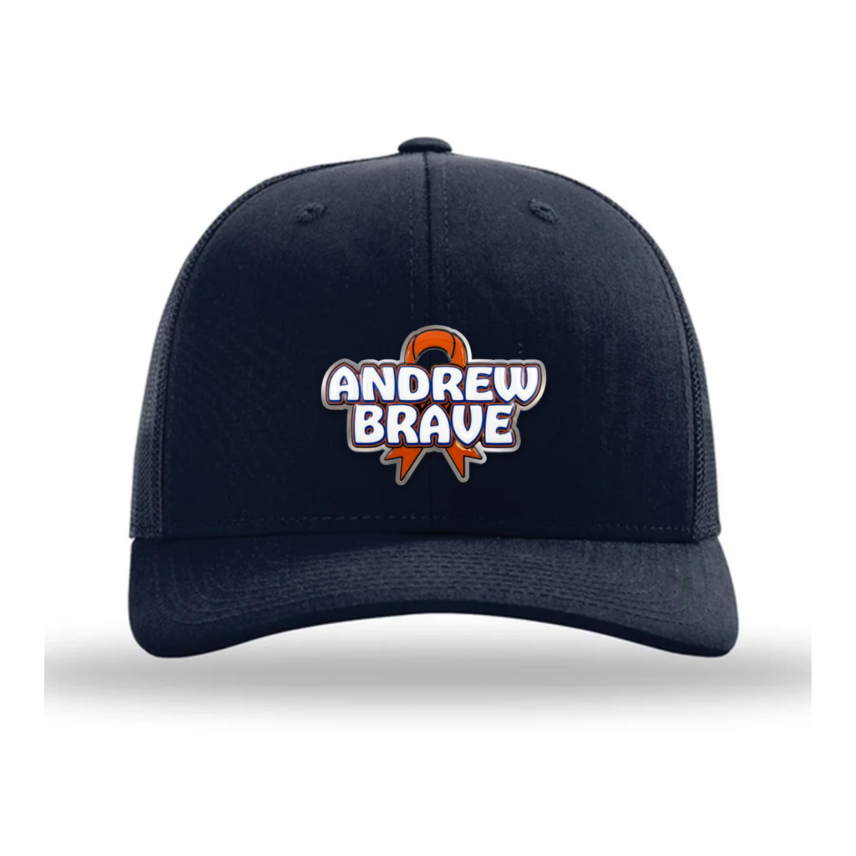 Andrew Brave navy Richardson 112 trucker hat, front, ANDREW BRAVE patch with orange ribbon