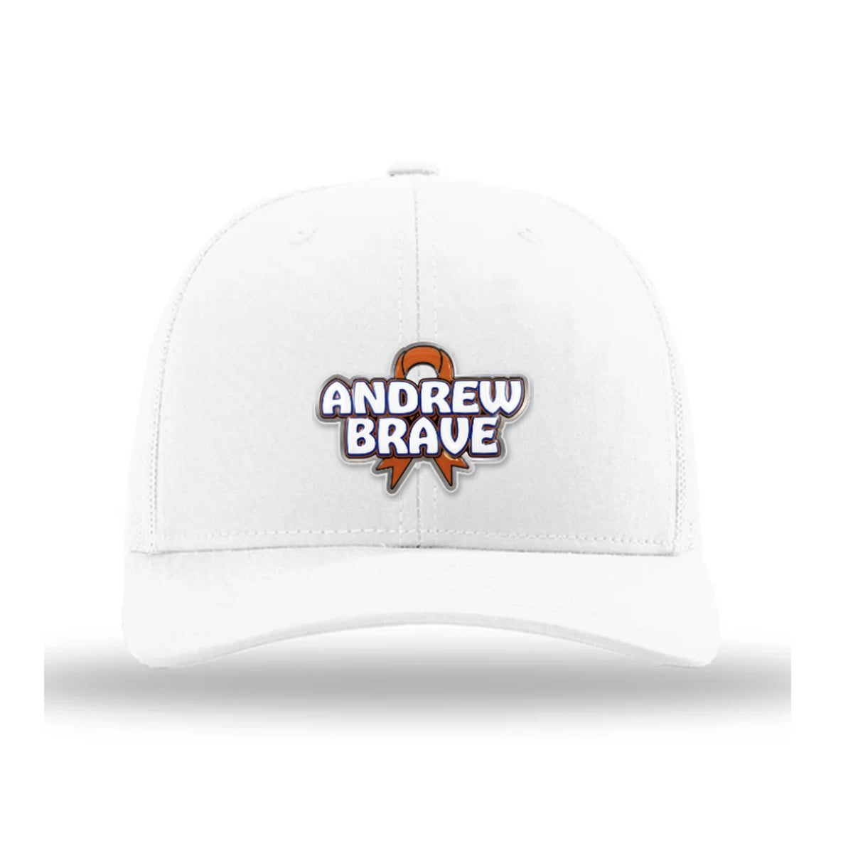 Andrew Brave white Richardson 112 trucker hat, front, ANDREW BRAVE patch with orange ribbon