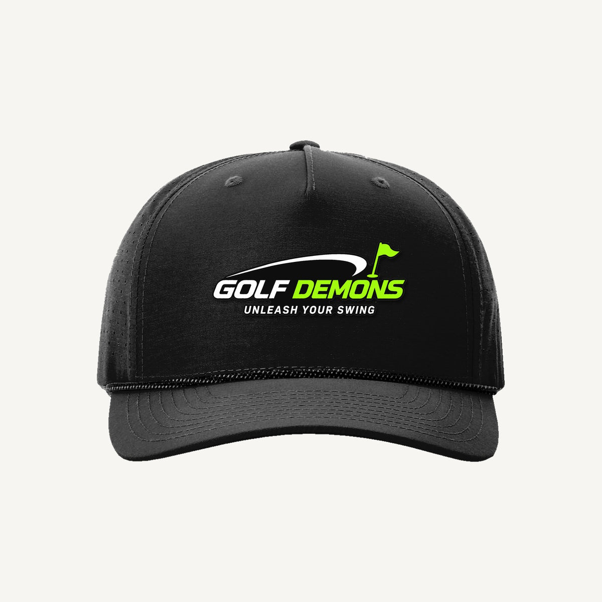 Golf Demons black Richardson 355 rope hat, Wordmark logo, front