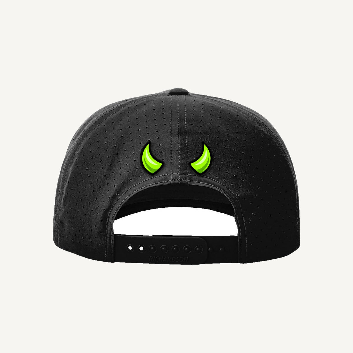 Golf Demons black Richardson 355 rope hat, Demon logo, back with green demon horns