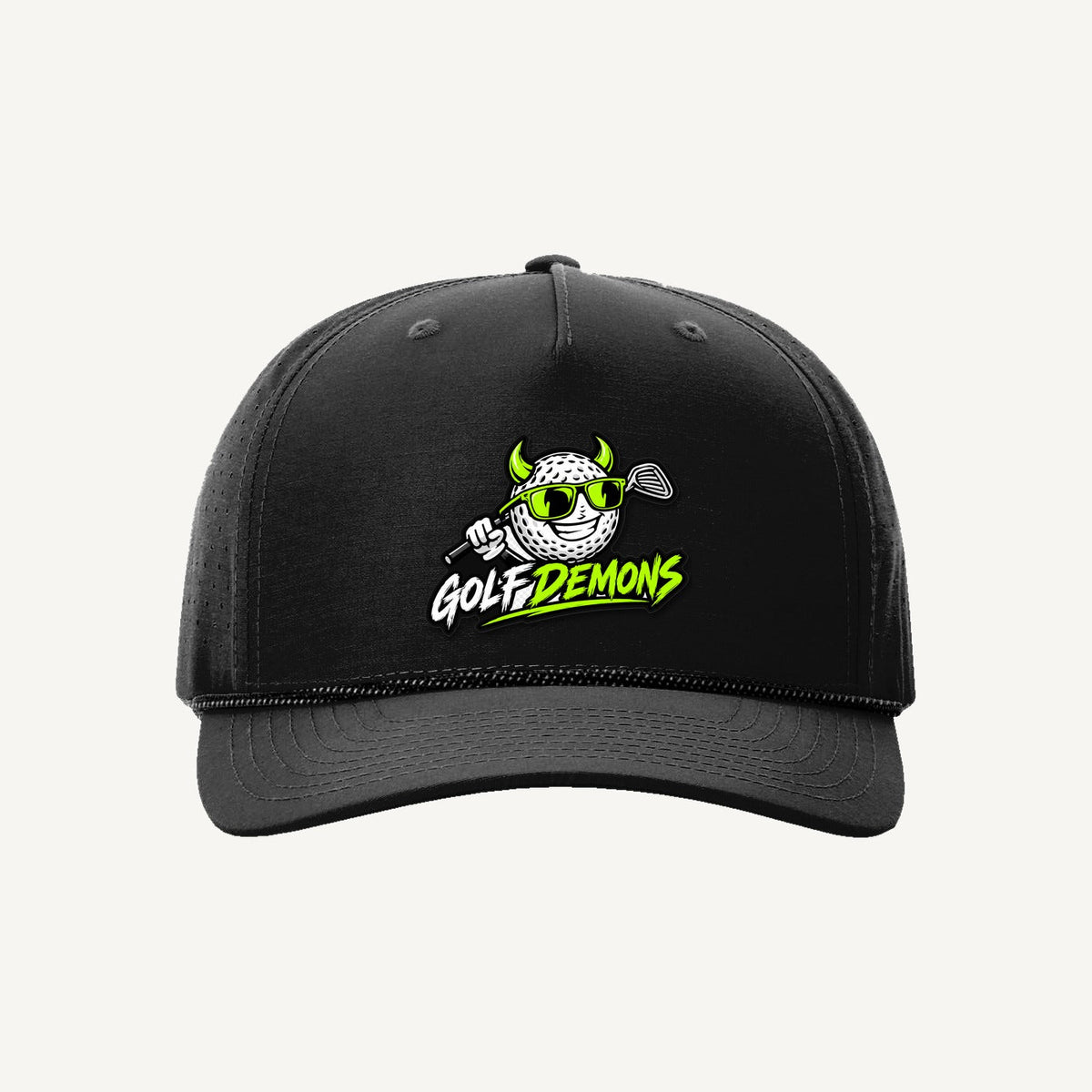 Golf Demons black Richardson 355 rope hat, Demon logo, front