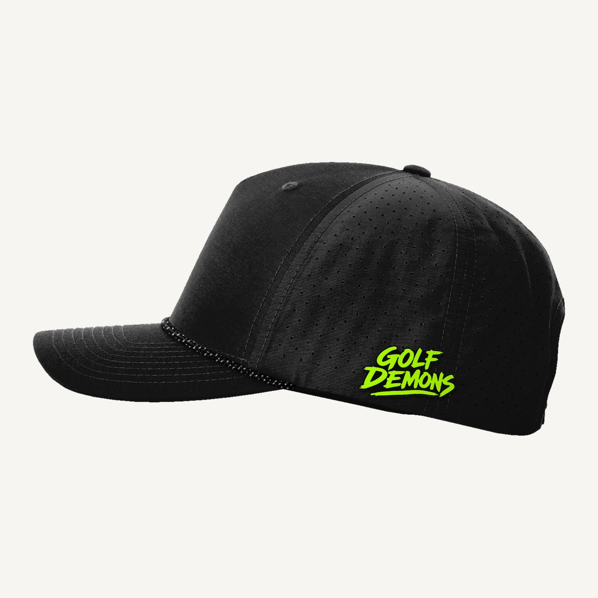 Golf Demons black Richardson 355 rope hat, Demon logo, side lettering