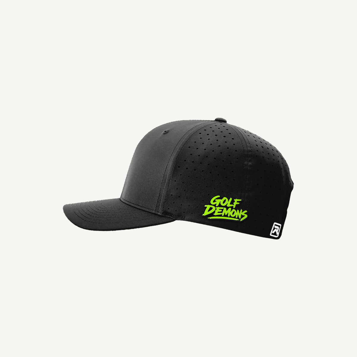 Golf Demons wordmark patch on a Richardson 632 hat in Black โ side