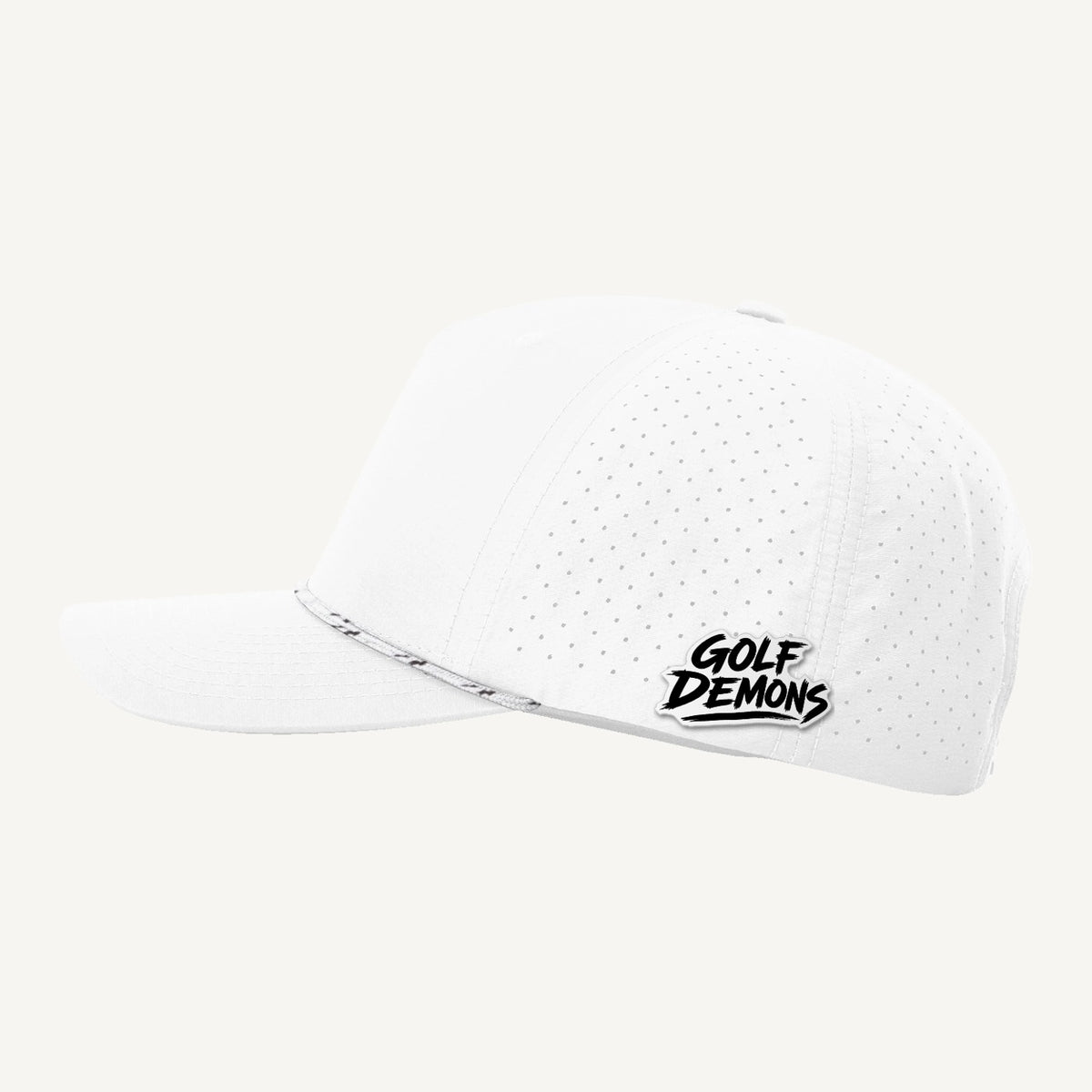 Golf Demons wordmark patch on a Richardson 355 hat in White/White-Black โ side