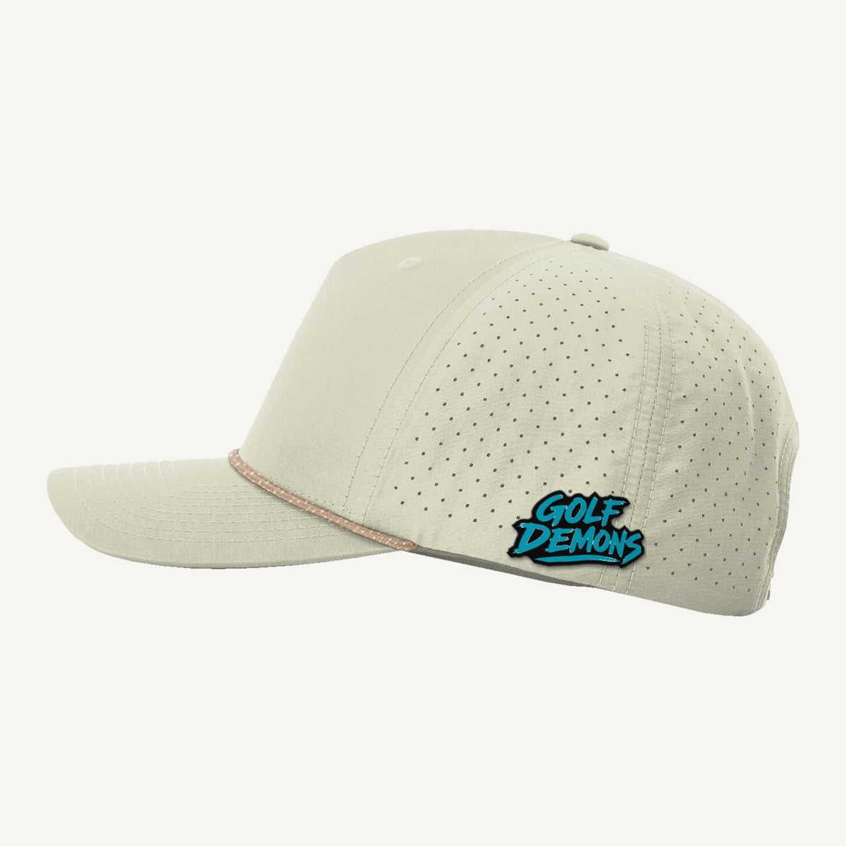 Golf Demons wordmark patch on a Richardson 355 hat in Oat Milk/Elmwood-White โ side