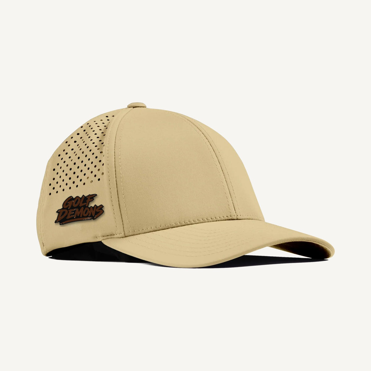 Golf Demons wordmark patch on a Branded Bills 500 hat in Desert โ side