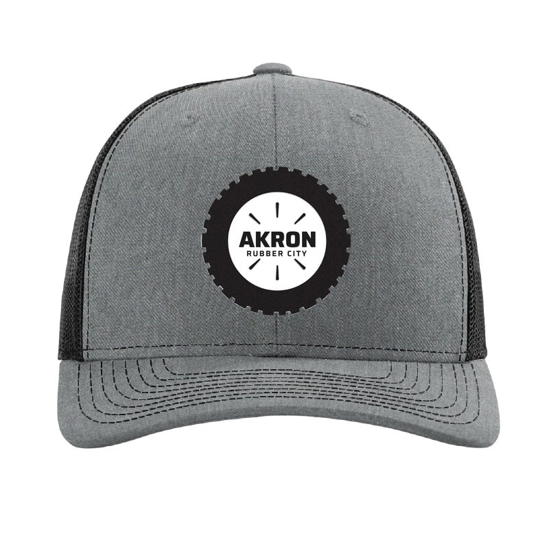 Carbon fiber tire patch trucker hat, Akron Rubber City — Heather Grey/Black