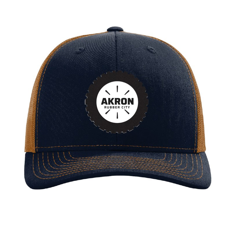 Carbon fiber tire patch trucker hat, Akron Rubber City — Navy/Caramel