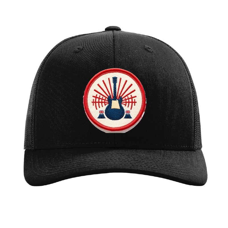 Embroidered electric guitar patch trucker hat, British rock — Black