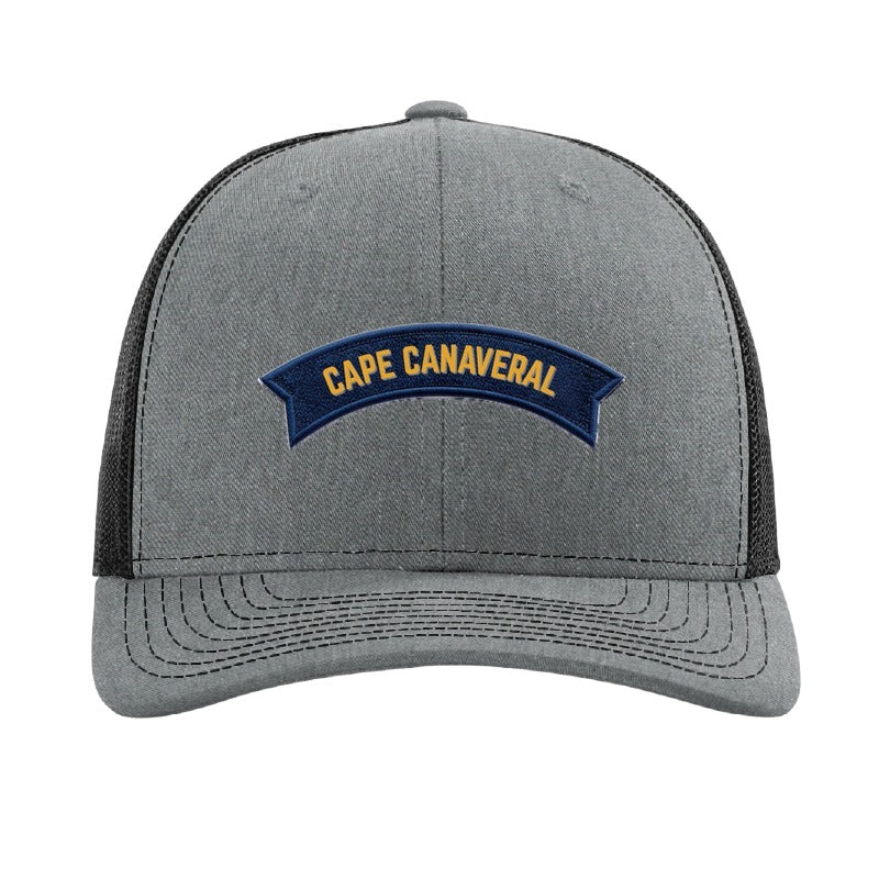 Embroidered space telescope patch trucker hat, Cape Canaveral — Heather Grey/Black