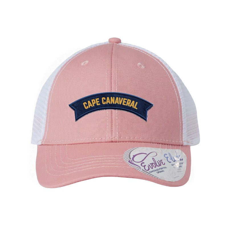 Embroidered space telescope patch trucker hat, Cape Canaveral — Dusty Rose/White (Ponytail)