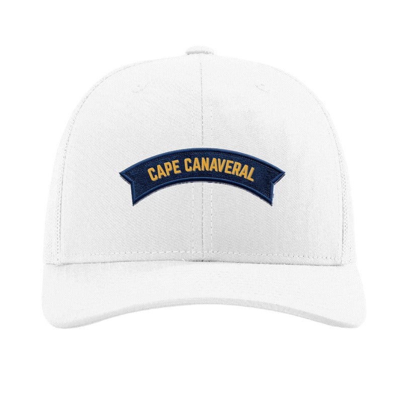 Embroidered space telescope patch trucker hat, Cape Canaveral — White