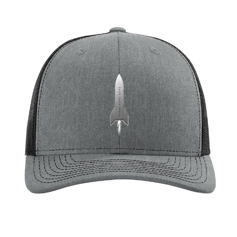Metal rocket patch trucker hat, Cape Canaveral Florida — Heather Grey/Black