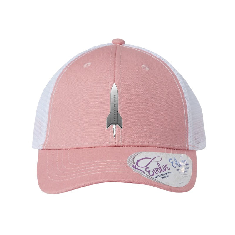 Cape Canaveral Rocket patch hat — Dusty Rose/White (Ponytail)