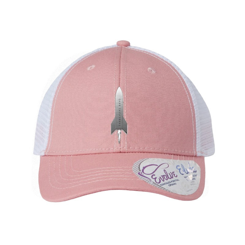 Metal rocket patch trucker hat, Cape Canaveral Florida — Dusty Rose/White (Ponytail)