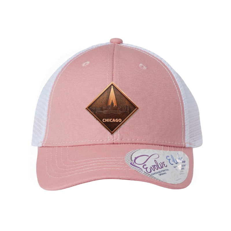 Chicago Skyline Spotlight patch hat — Dusty Rose/White (Ponytail)