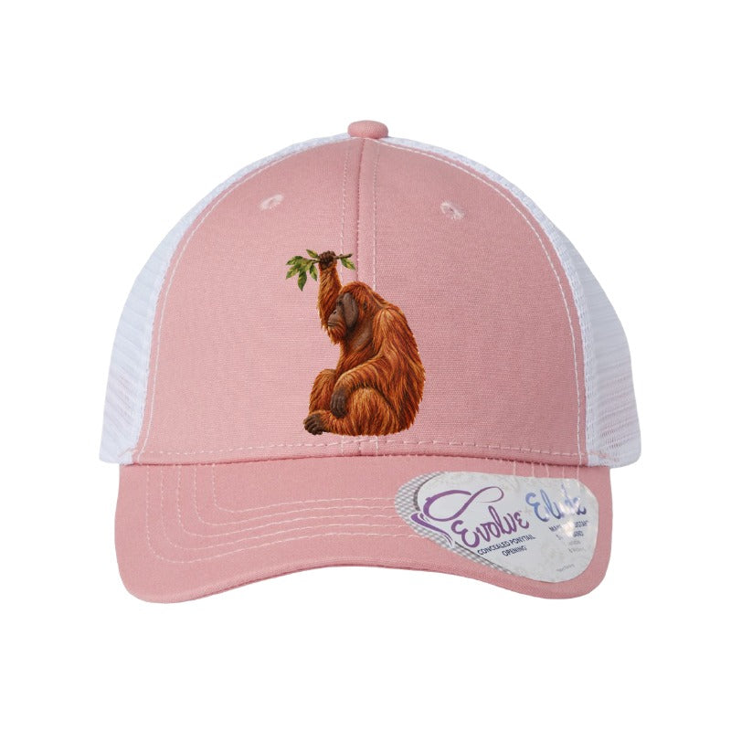 Embroidered orangutan patch trucker hat, Cleveland - Dusty Rose/White (Ponytail)